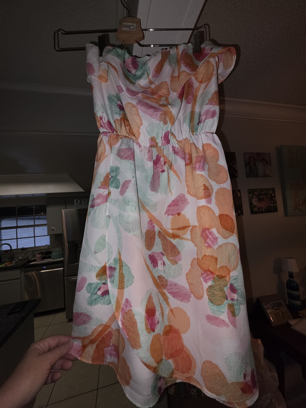 MM Couture Strapless Floral Sundress in White, Orange, Pink, Green